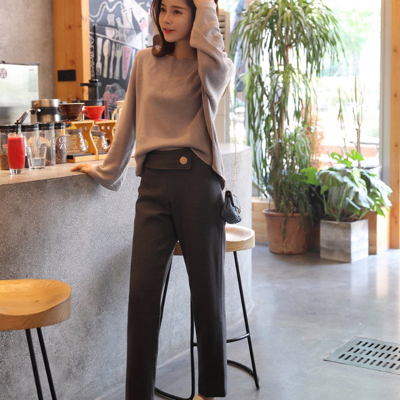 莞馨(wanxin)2016秋季新款休闲裤宽松高腰大码直筒裤韩版九分灰色西装裤长裤女