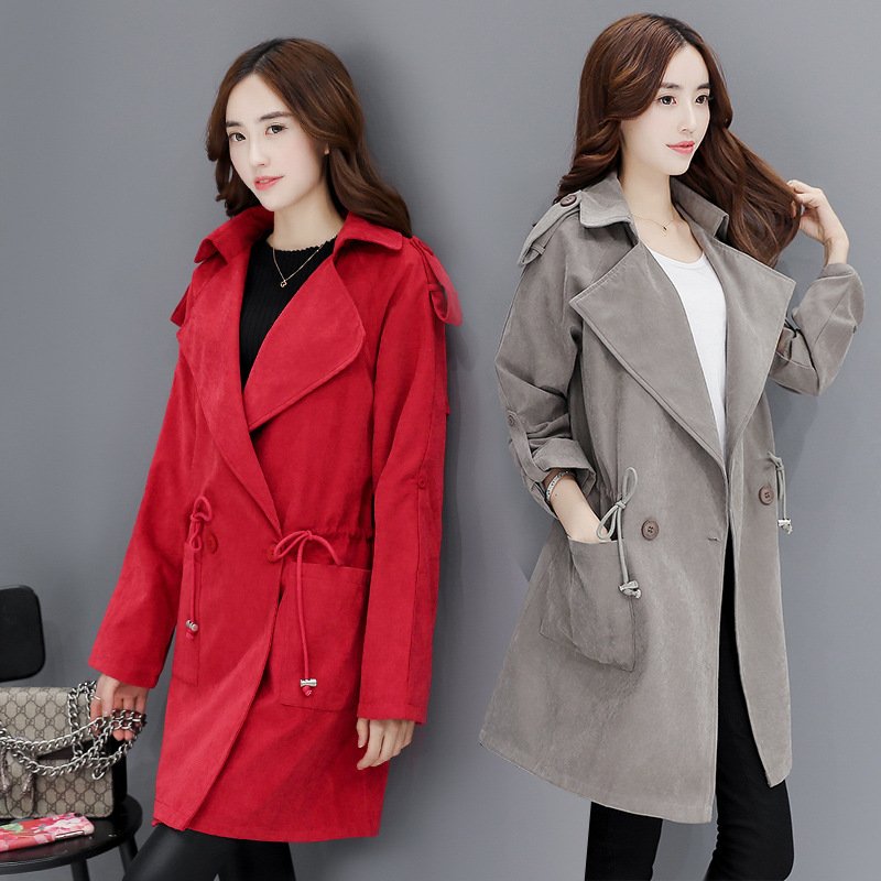 莞馨(wanxin)风衣外套女中长款2016新款春秋装长袖外搭松紧韩版修身西服领女式