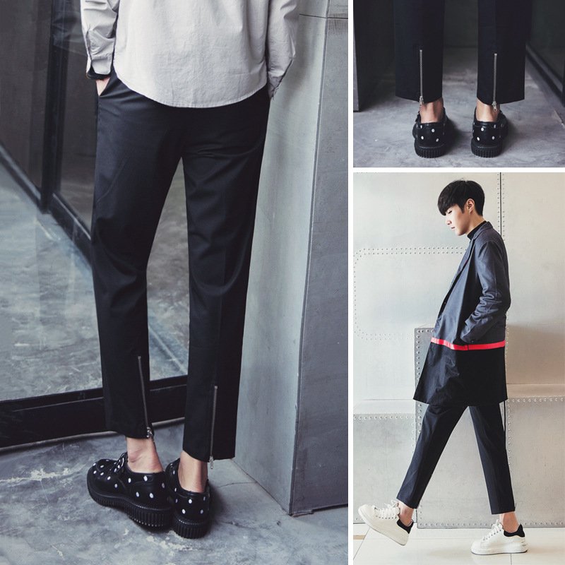 莞馨(wanxin)新款男士纯色裤脚拉链休闲裤子男九分西装裤男西裤 潮