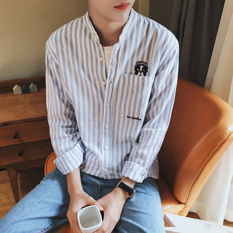 莞馨(wanxin)新款秋季新款文艺小清新小狗刺绣竖条纹衬衫男长袖韩版衬衣潮