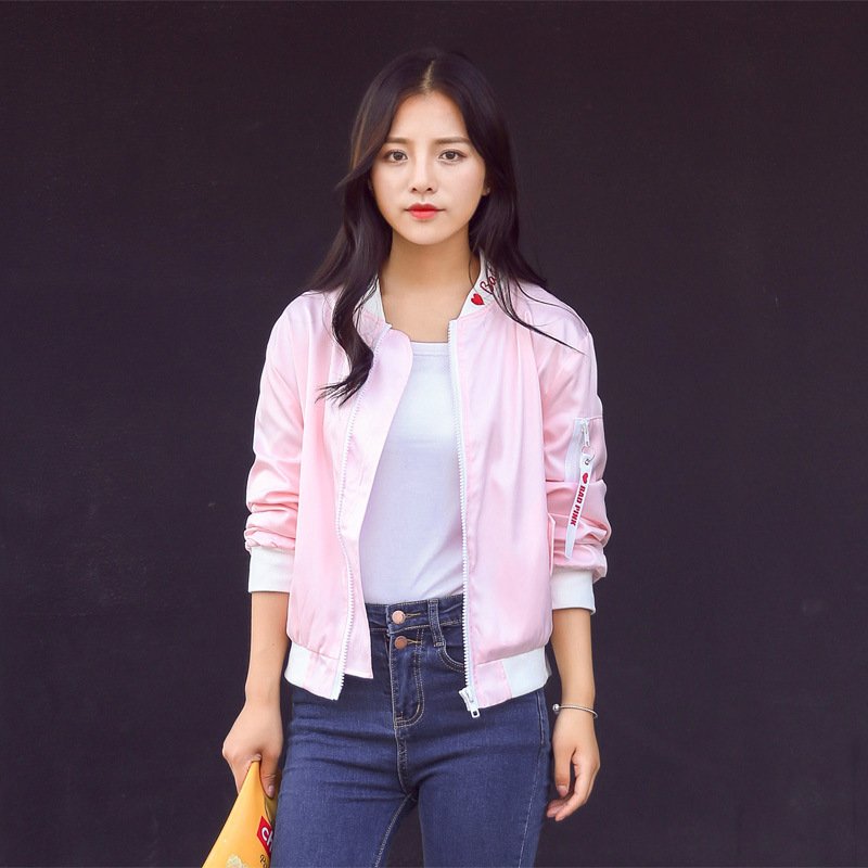 莞馨(wanxin)新款2016春秋新款学生长袖短外套修身显瘦粉色风衣棒球服少女夹克上衣