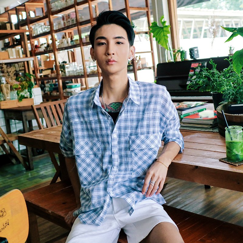 莞馨(wanxin)新款日系秋季潮男韩国文艺格子衬衫韩版青少年长袖衬衣百搭寸衫外套潮