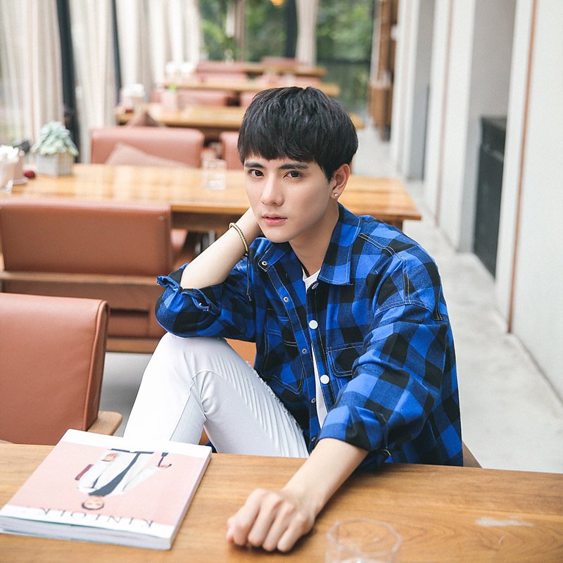 莞馨(wanxin)新款秋季男装韩版衬衫格子潮流青年学生中长款宽松休闲日系衬衣上衣服