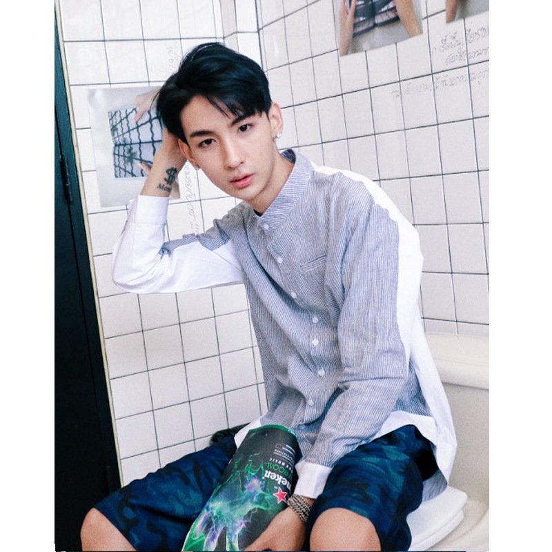 莞馨(wanxin)新款港仔文艺男士浅条纹长袖衬衫秋季个性小立领拼接撞色潮男衬衣