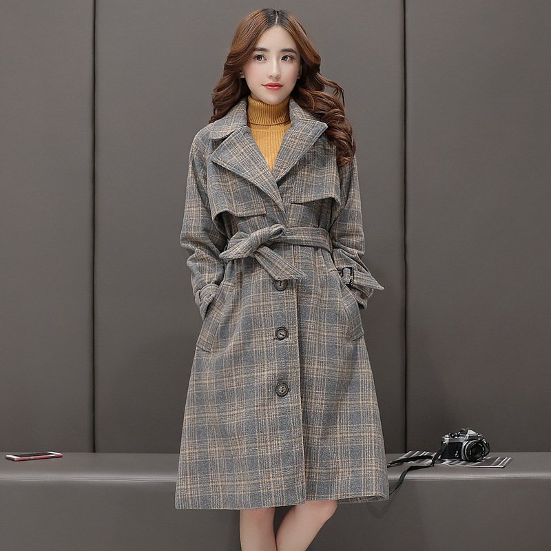 莞馨(wanxin)新款长袖中长款修身显瘦2016年冬季单排扣西装领格子毛呢外套