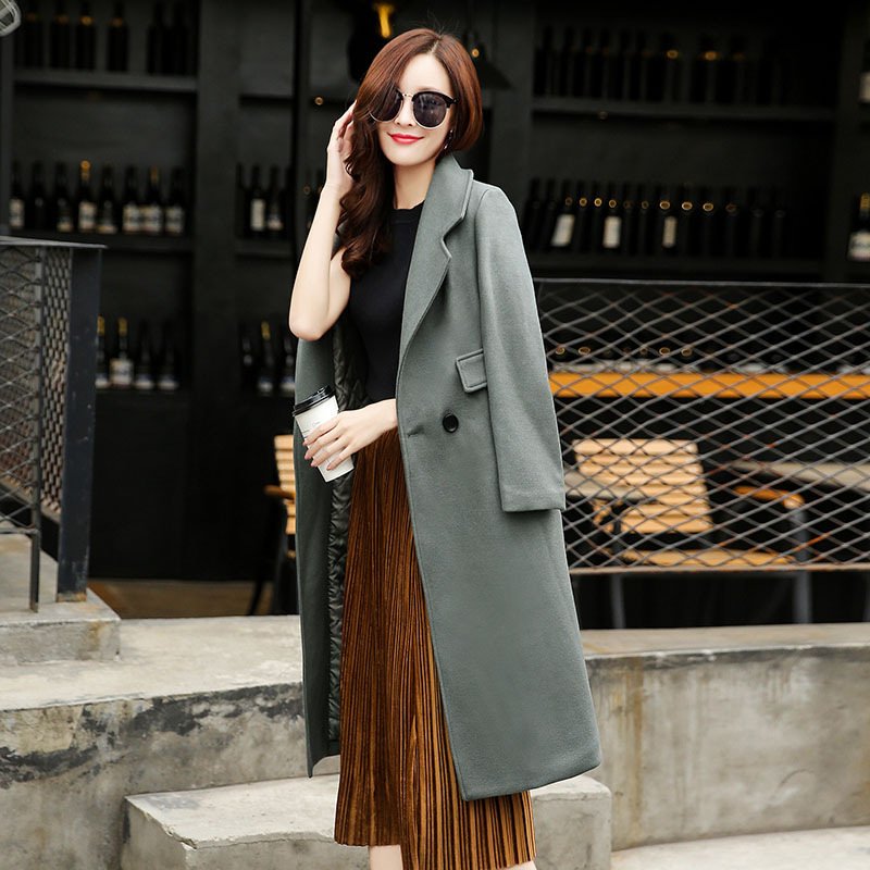 莞馨(wanxin)新款毛呢外套女中长款2016秋冬款韩版修身显瘦百搭西装领呢子大衣