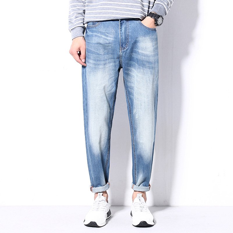 莞馨(wanxin)新款秋冬新款欧美潮牌男士修身牛仔裤青年水洗猫须补丁做旧小脚牛仔裤