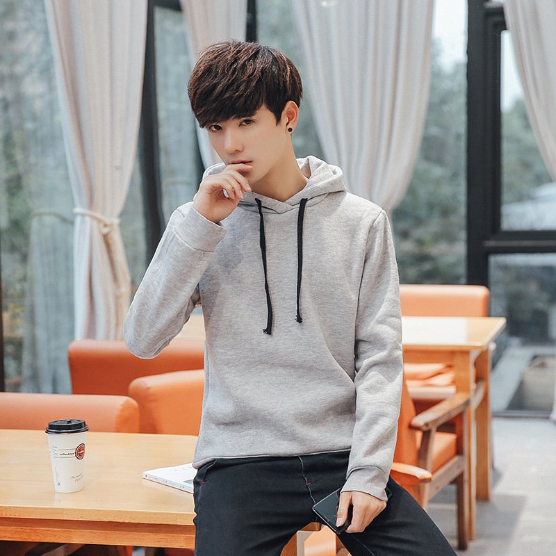 莞馨(wanxin)新款原创秋冬新款 简约纯色宽松休闲百搭套头连帽加绒卫衣男