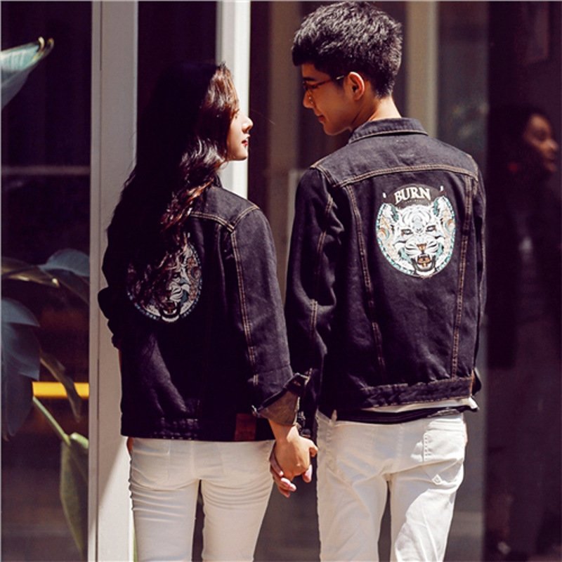 莞馨(wanxin)新款2016新款情侣装韩版复古男士牛仔衣夹克外套男 学生虎头印花夹克