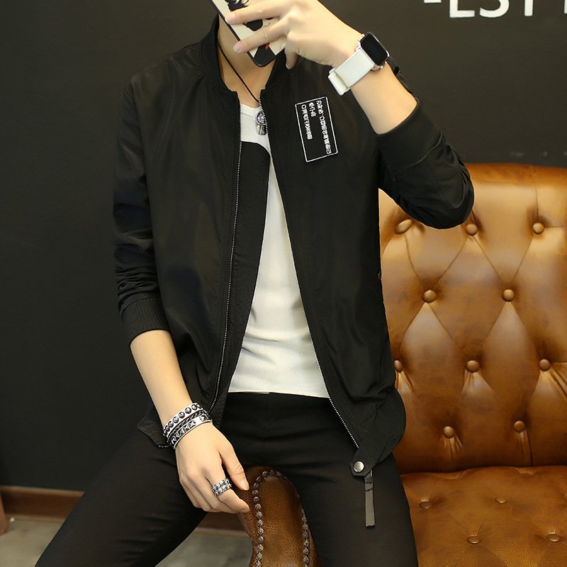 莞馨(wanxin)新款韩国男装东大门太阳的后裔宋仲基同款黑色飞行夹克韩版修身外套