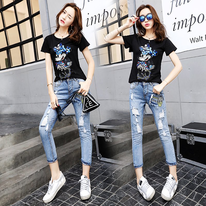 莞馨套装莞馨套裙2017年夏季磨白口袋牛仔裤+卡通图案短袖圆领上衣