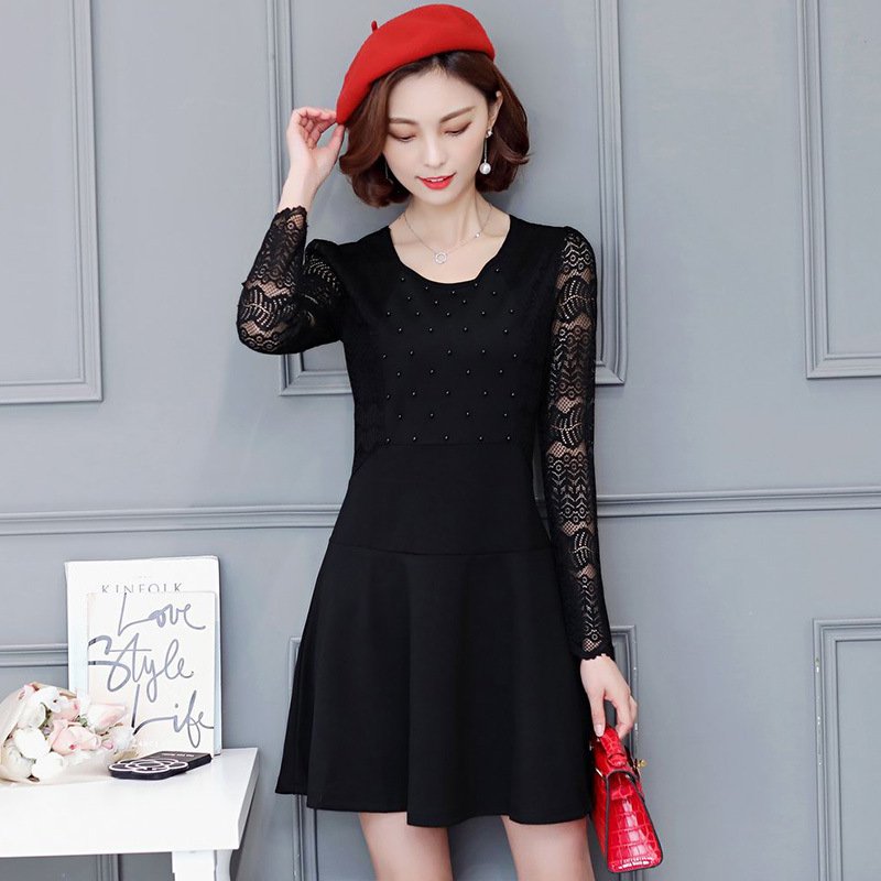 莞馨连衣裙女 圆领长袖纯色 短款女式 短裙 A字裙连衣裙 新 拼接 潮