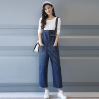 莞馨2017春秋季新款女装韩版休闲宽松显瘦阔腿背带九分牛仔裤两件套装