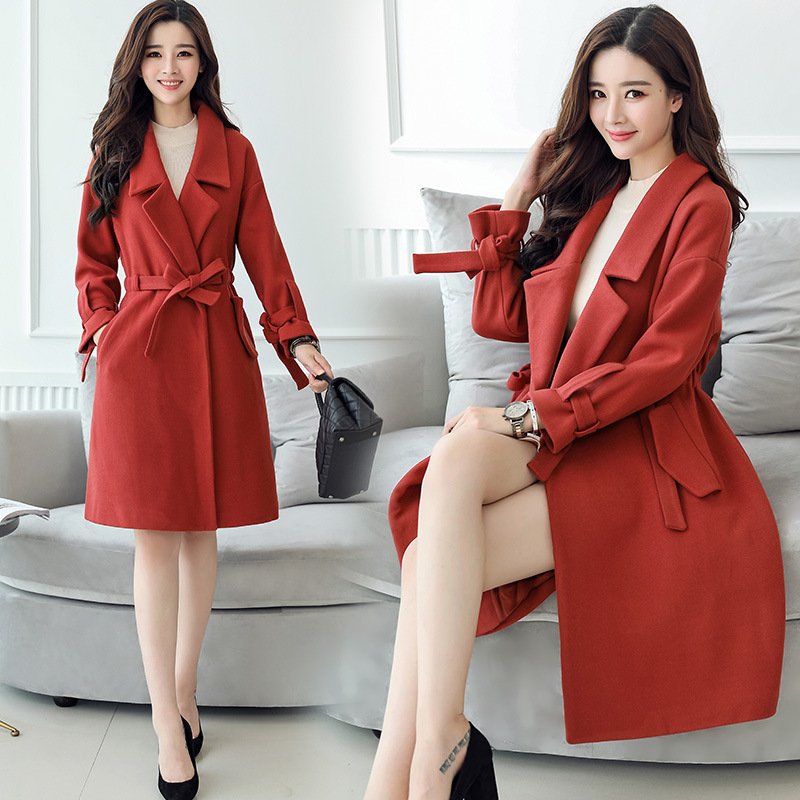 莞馨2017秋冬季新款韩版宽松毛呢外套女中长款系带收腰呢子大衣