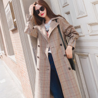 莞馨2017秋季新款女装韩版宽松大码中长款格子风衣双排扣系带外套