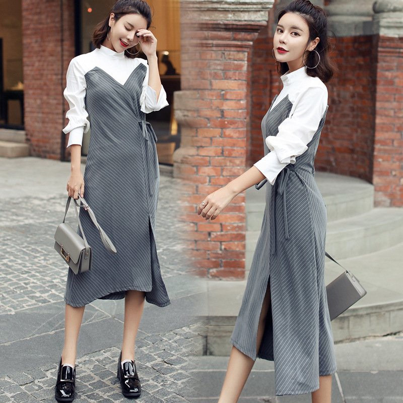 莞馨2017新款潮韩版格子荷叶边时尚两件套装裙子秋季鱼尾吊带连衣裙女