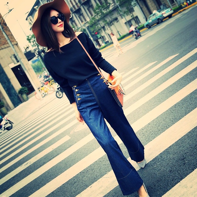 莞馨2017秋季新款韩版百搭显瘦喇叭裤水洗牛仔裤OL阔腿休闲长裤子女潮