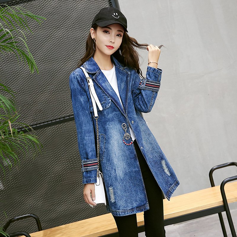 莞馨2017春秋装新款韩版学院长袖风衣女装牛仔外套中长款