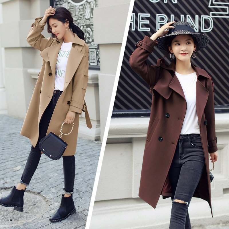 莞馨2017秋季新款韩版时尚女装中长款修身显瘦双排扣气质翻领风衣外套