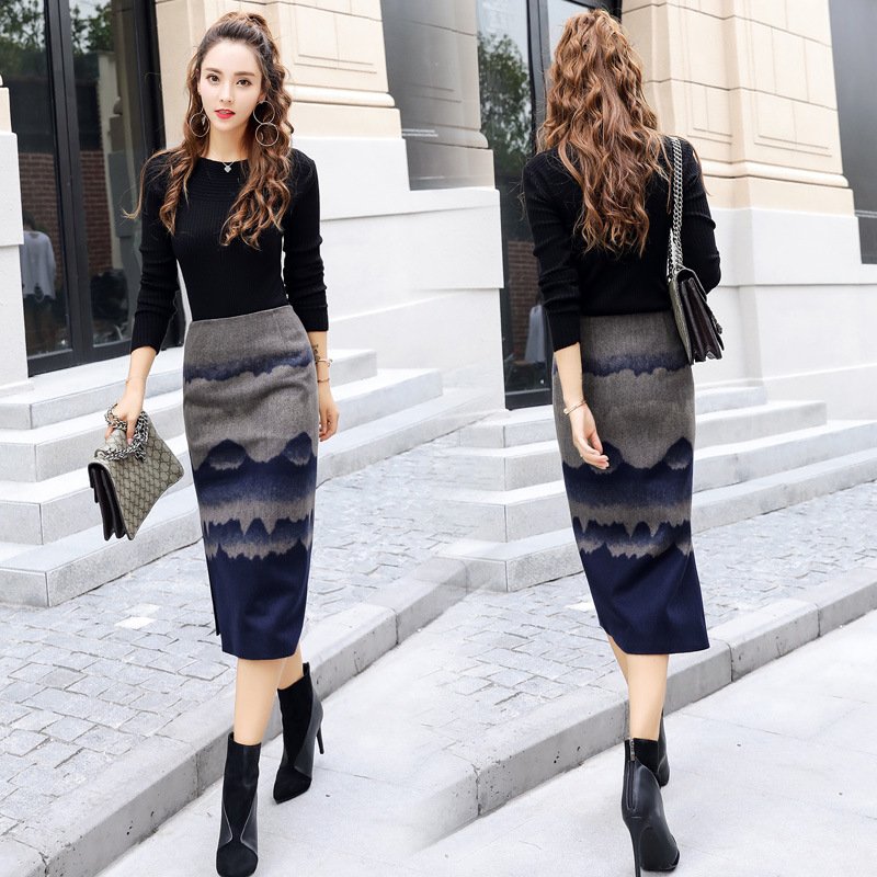 莞馨2017秋冬名媛连衣裙两件套长袖打底针织衫女高腰包臀裙中长款