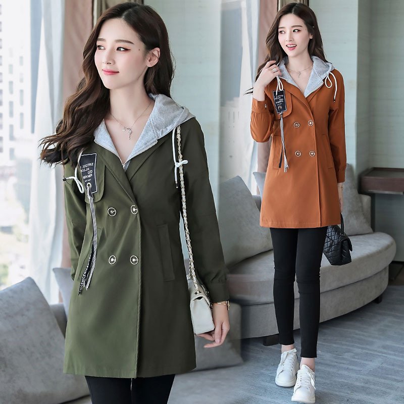 莞馨中长款风衣女春秋2017新款学生韩版宽松休闲显瘦军绿色外套