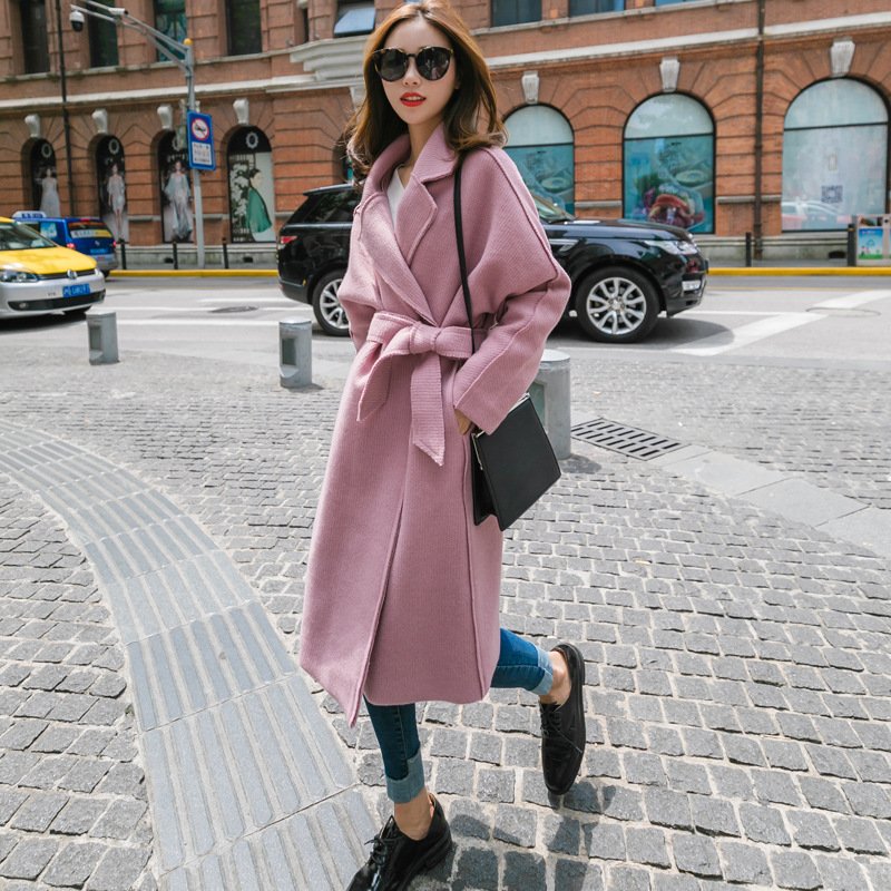 莞馨毛呢大衣女中长款2017秋冬新款修身显瘦收腰系带过膝韩版外套