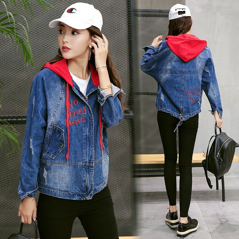 莞馨秋季新款女装短款牛仔夹克上衣外套长袖连帽休闲百搭