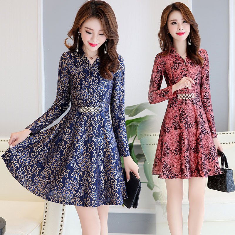 莞馨春秋装女2017新款韩版修身连衣裙长袖印花时尚气质收腰a字裙