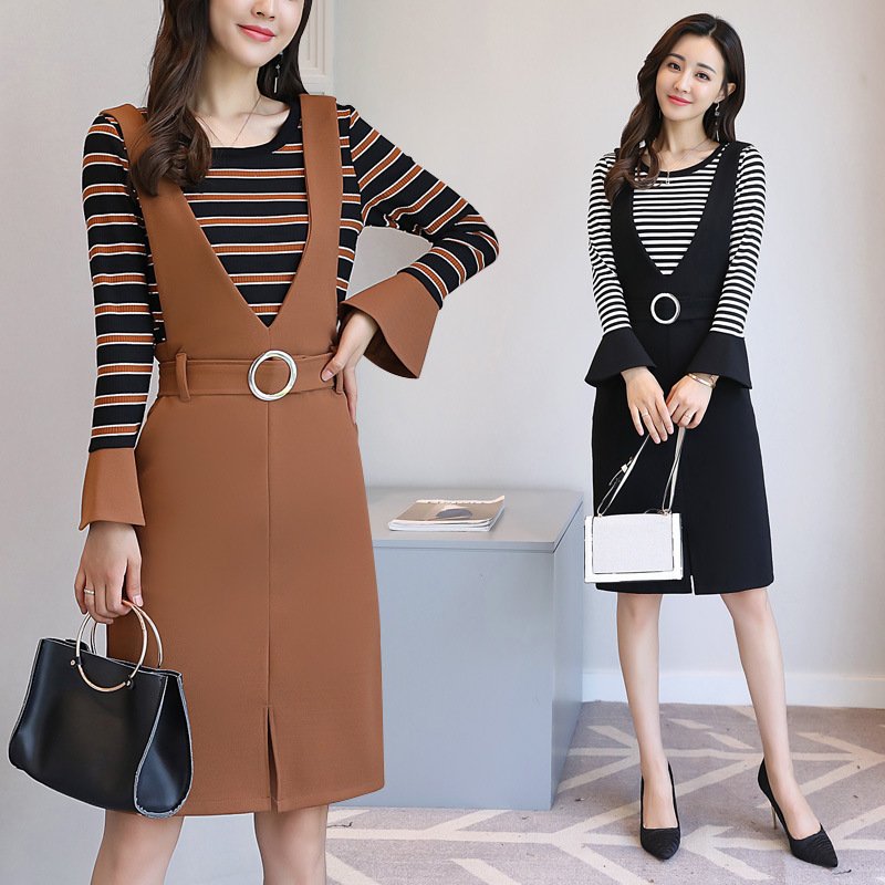 莞馨2017女秋装新款条纹背带裙两件套连衣裙气质修身显瘦小香风套装裙