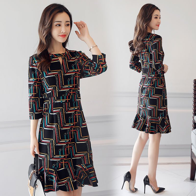 莞馨秋款名媛连衣裙2017新款女长袖韩版时尚气质格子修身显瘦中长裙潮