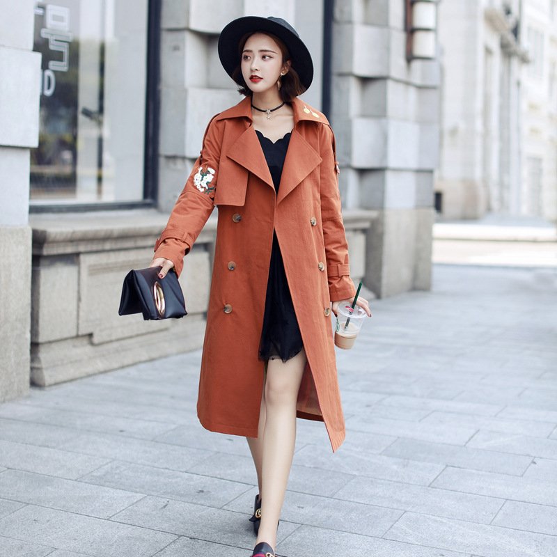 莞馨2017春秋新款韩版外套双排扣百搭宽松风衣女中长款休闲外套