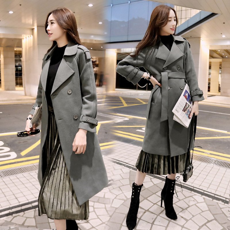 莞馨秋款风衣2017新款韩版女装修身韩版中长款外套潮系带收腰款