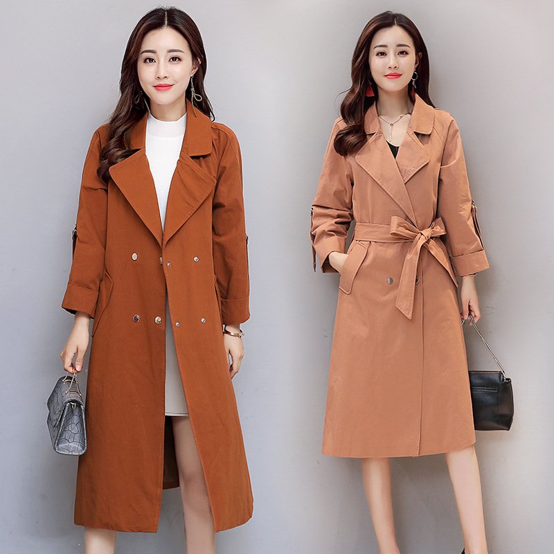 莞馨2017秋装新品过膝时尚风衣中长款修身系带收腰气质外套大衣女