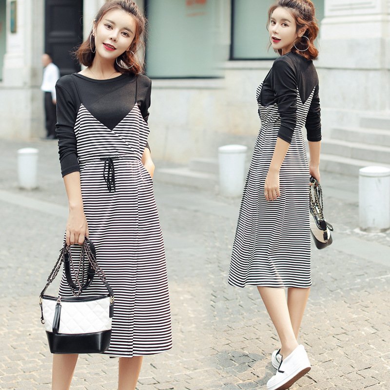 莞馨连衣裙女秋装中长款时尚女装显瘦气质吊带条纹套装裙子2017新款