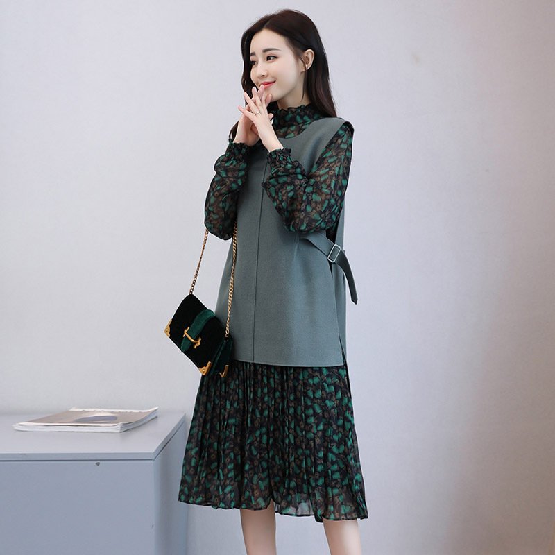 莞馨2017年秋冬季新款时尚修身显瘦中长款名媛毛呢雪纺两件套连衣裙女