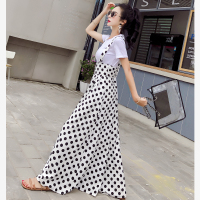 欧天娜 实拍2018夏季新款波点圆点吊带阔腿连体裤裙女+针织短袖白T上衣