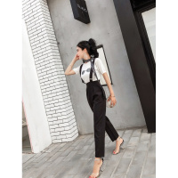 欧天娜 小视频实拍俏皮百搭针织T+九分吊带裤两件套送领结 实价