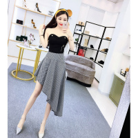 欧天娜 小视频实拍个性短款抹胸上衣+显腿长不规则格子鱼尾裙 实价