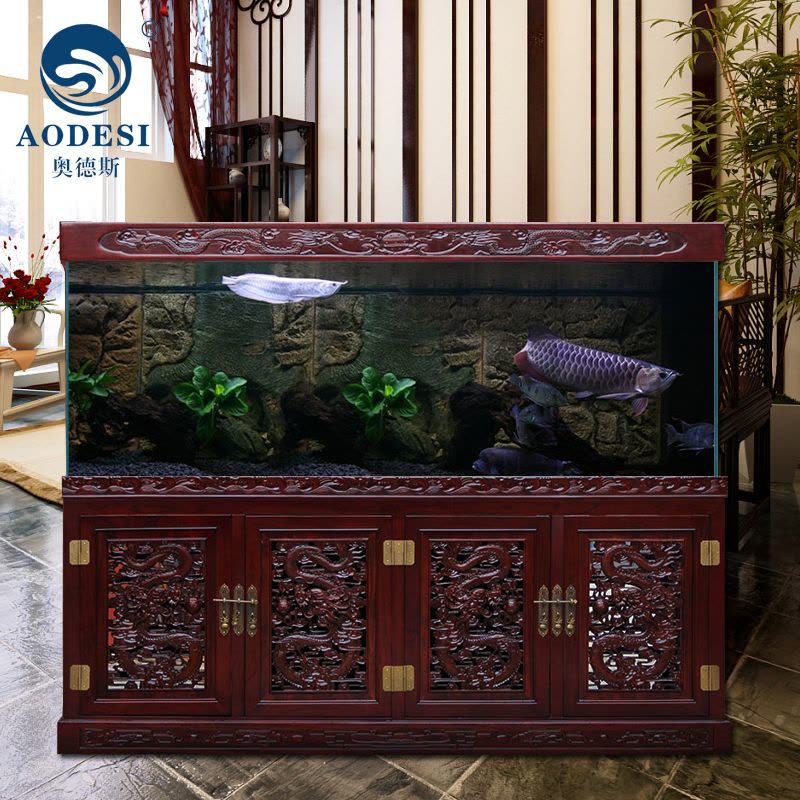 AODESI 奥德斯 榆木鱼缸 精雕大龙头 大型生态水族箱 底滤鱼缸定制做图片