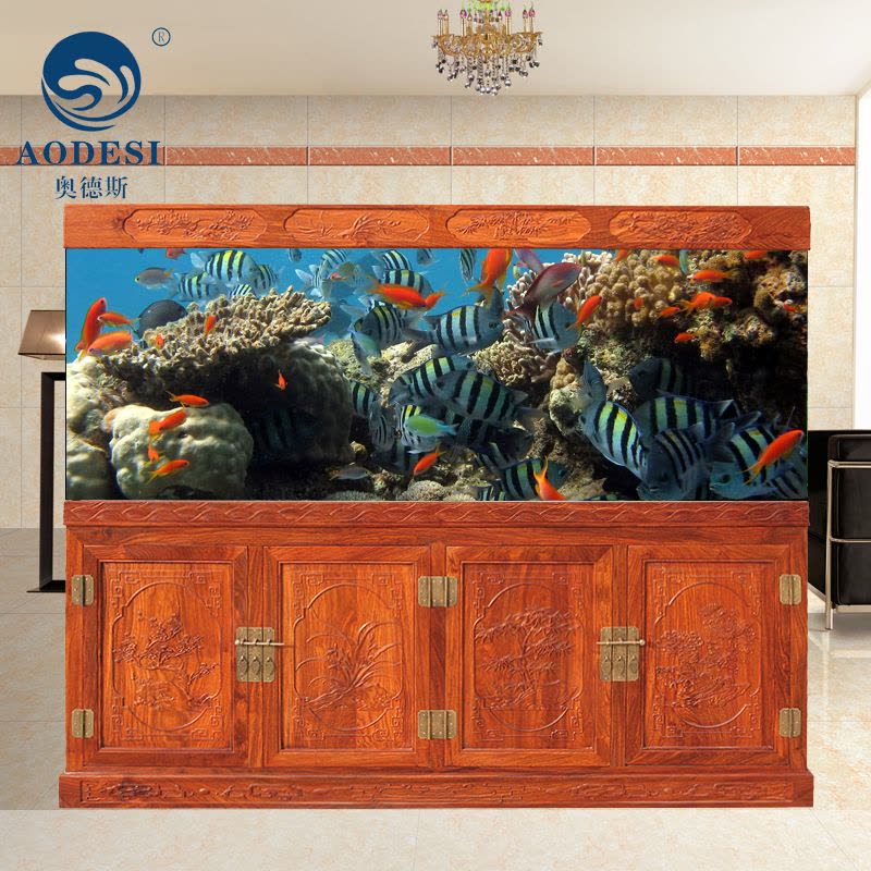 AODESI 奥德斯实木鱼缸 非洲花梨木鱼缸 中式大型草花梨水族箱超白鱼缸图片