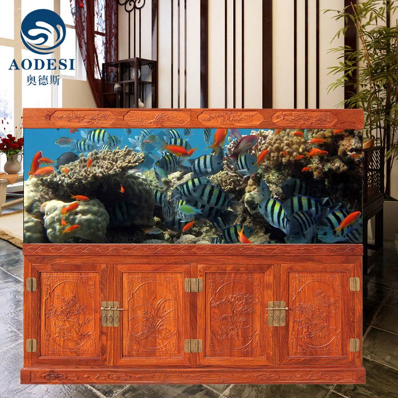 AODESI 奥德斯实木鱼缸 非洲花梨木鱼缸 中式大型草花梨水族箱超白鱼缸图片
