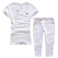 adidas阿迪达斯健身套装女2017春夏新款瑜伽服球迷形体胸垫套装健身衣运动羽毛球服