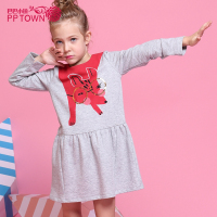 巴巴小镇童装女大童印花针织连身裙2016新款长袖圆领连身裙子3860