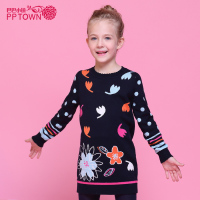 童装女童提花长款毛衣2016秋冬款儿童圆领中长款针织衫毛衫裙3730