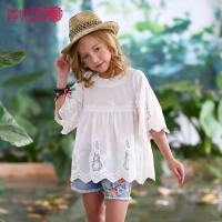 巴巴小镇童装女童宫廷风白衬衫春季新款中大童喇叭袖休闲百搭拼接上衣4012