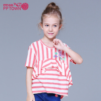 巴巴小镇童装女童条纹棉短袖圆领T恤夏新款中大儿童休闲宽松打底上衣4097