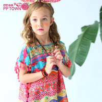 巴巴小镇童装女童棉短袖衬衫2017春夏新款中大童圆领上衣儿童女孩衬衣4070