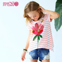 巴巴小镇童装女童条纹印花T恤棉短袖夏新款中大儿童休闲百搭打底上衣4002