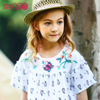 女童公主衬衫2017夏新款女中大童印花棉短袖衫儿童喇叭袖上衣4122