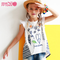 女童圆领衬衫2017夏装新款女中大童印花短袖衫儿童小飞袖上衣4119